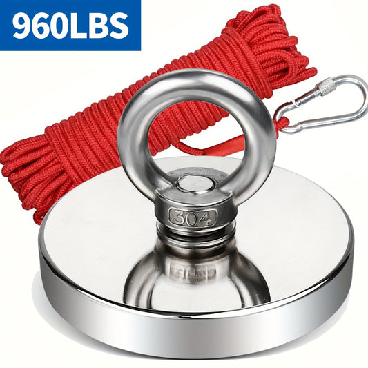 The 960-pound (435-kilogram) tensile strength fishing magnet, measuring 3.54 inches (90 millimeters) in diameter, is used in river and magnetic fishing for fishing recovery, underwater treasure hunting and recovery of items w