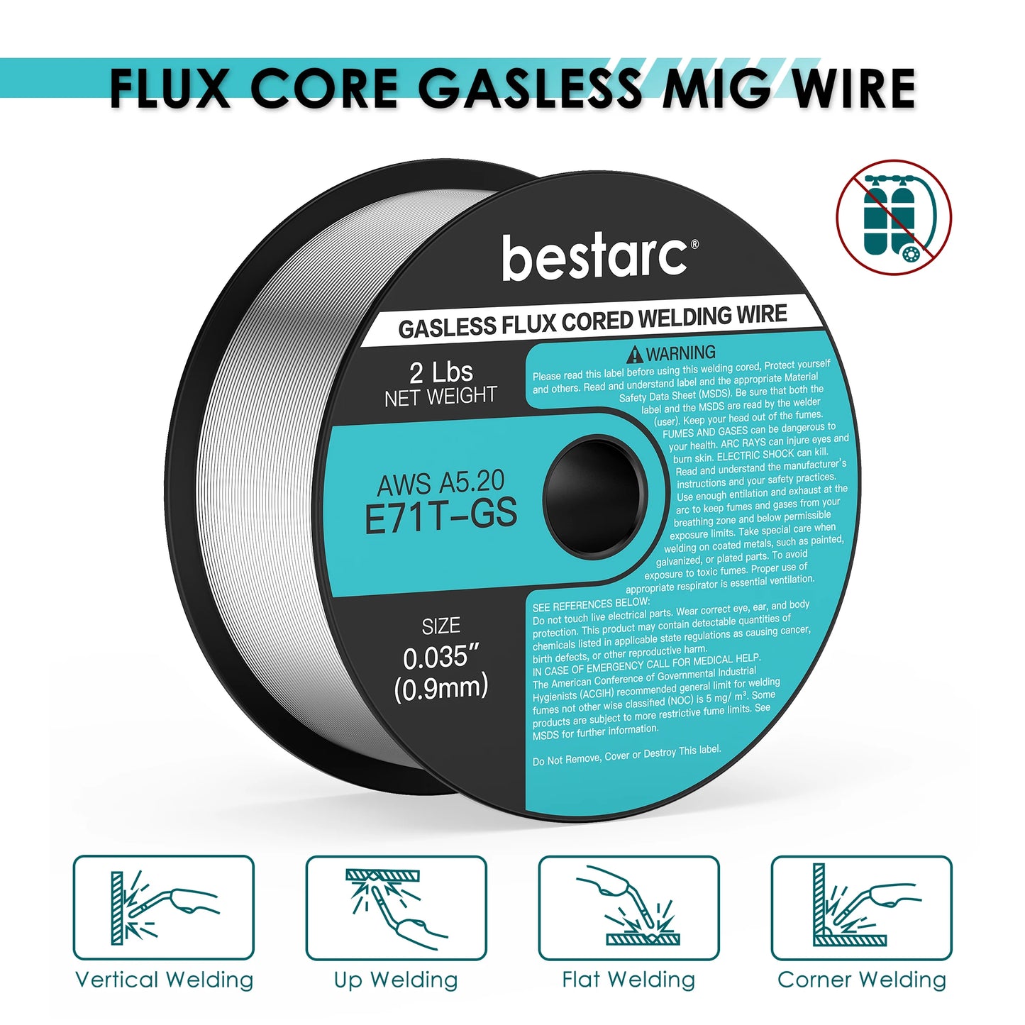 Flux Core Welding Wire, 0.035” E71T-GS Gasless MIG Wire, Mild Steel MIG Welding Wire with Low Splatter, 2-Pound Spool