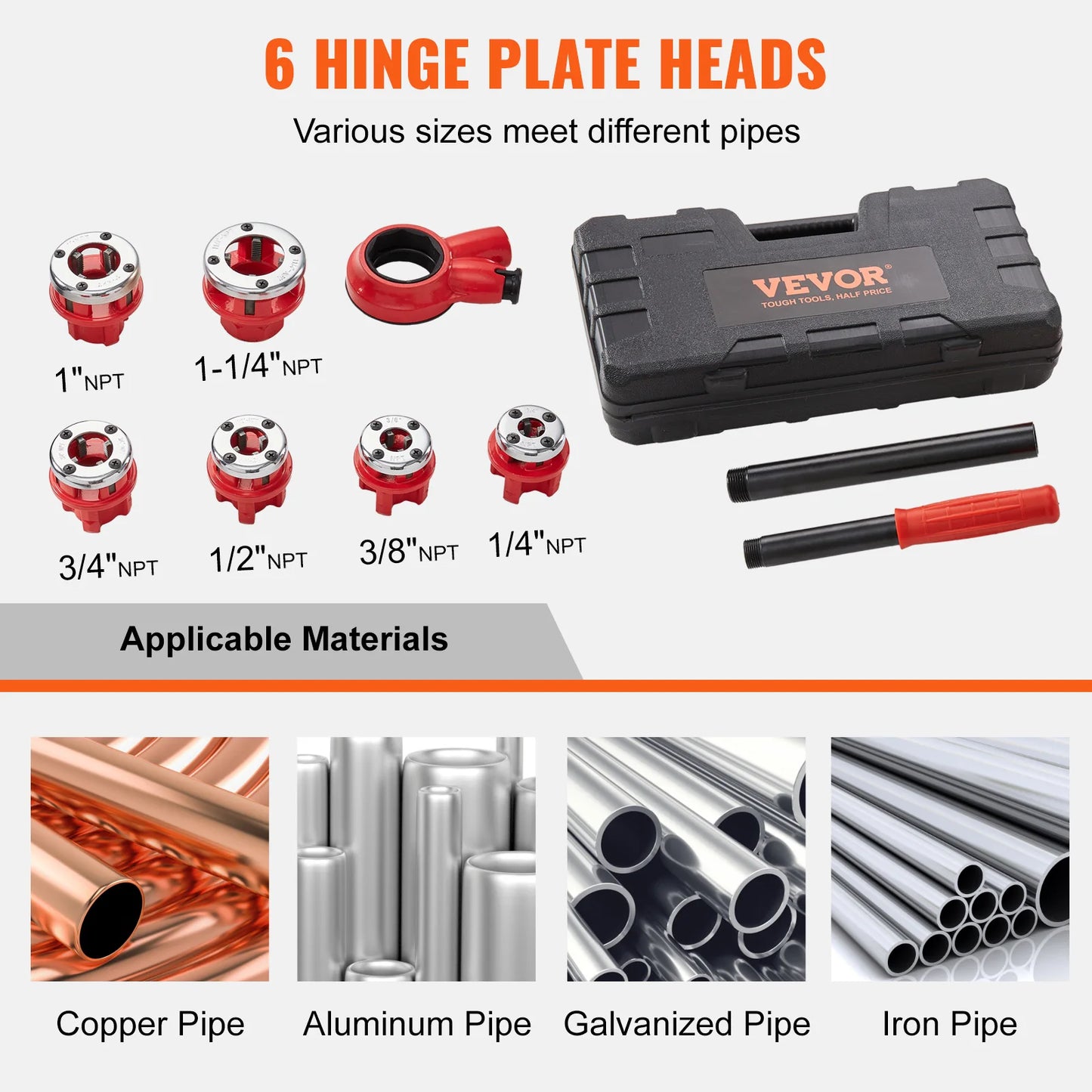 Manual Pipe Threader Ratchet Tool Portable Pipe Threading Set with 6PCS NPT Dies for Galvanized Aluminum Iron Copper Pipes