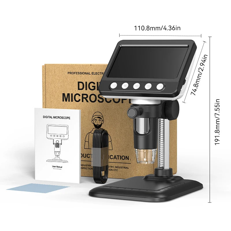 4.3 Inch Digital Microscope 2MP 1000X Magnification 8 LED Light Built-in Storage Electronic Microscopio for Adult Soldering