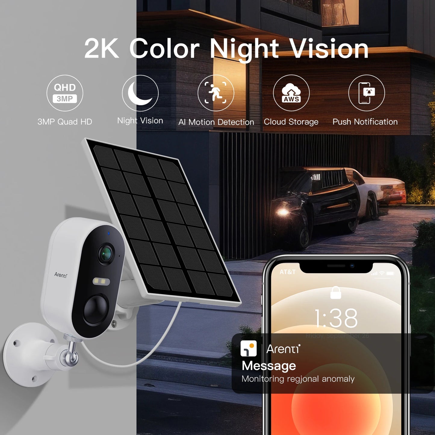WiFi Camera Outdoor Security Camera with Solar Panel，Color Night Vision, Motion Detection, 2-Way Talk，