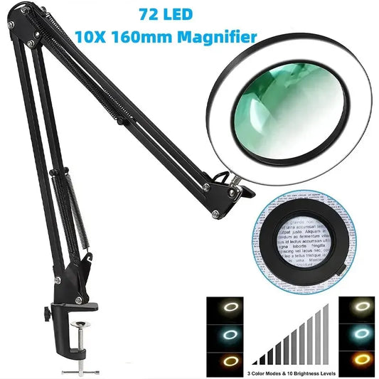 72LED 8X/10X NEW Illuminated Magnifier USB 3 Colors LED Magnifying Glass.