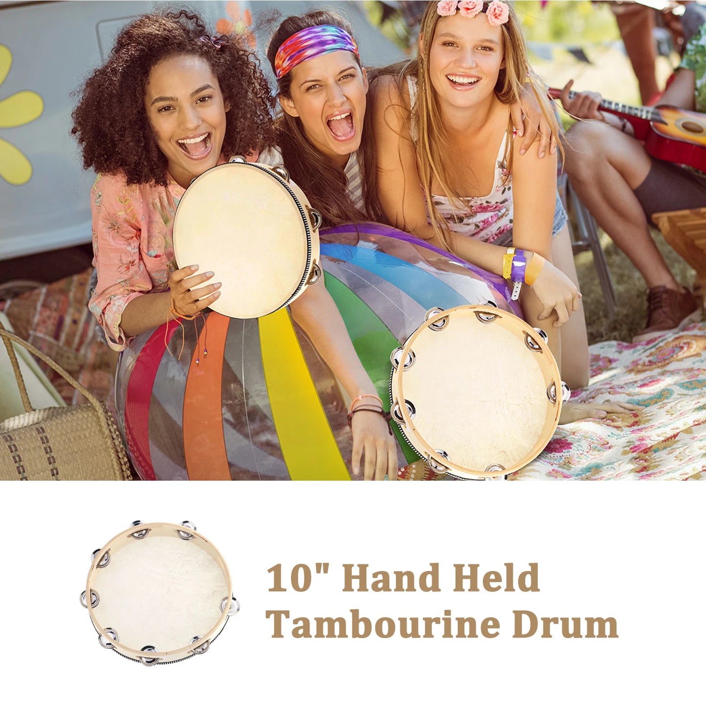 10" Hand Held Tambourine Drum Bell