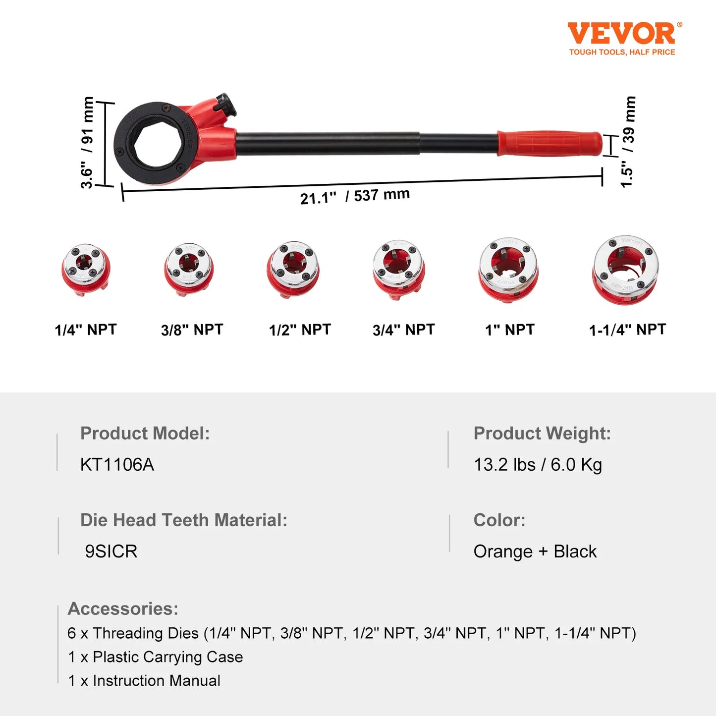 Manual Pipe Threader Ratchet Tool Portable Pipe Threading Set with 6PCS NPT Dies for Galvanized Aluminum Iron Copper Pipes