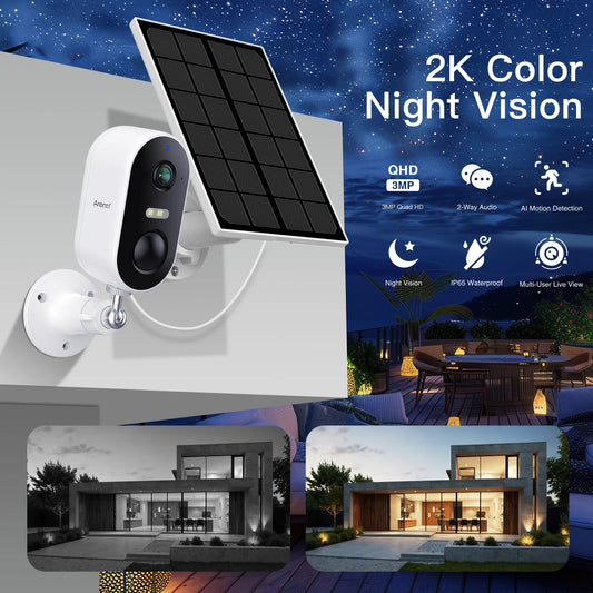 WiFi Camera Outdoor Security Camera with Solar Panel，Color Night Vision, Motion Detection, 2-Way Talk，