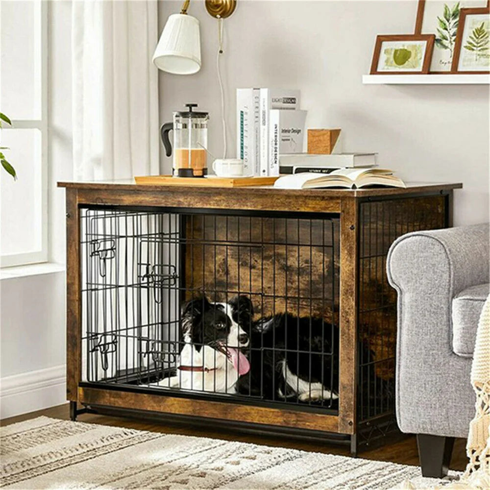 Large Elevated Wooden Dog Crate End Table with Double Door and Removable Tray