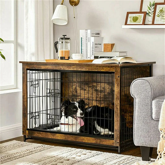 Large Elevated Wooden Dog Crate End Table with Double Door and Removable Tray