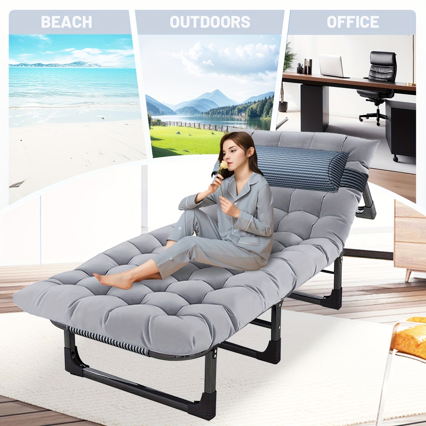 1pc Adjustable Lounge Chair / Camping Cot with Plush Mattress, 74.8" x 25.6"