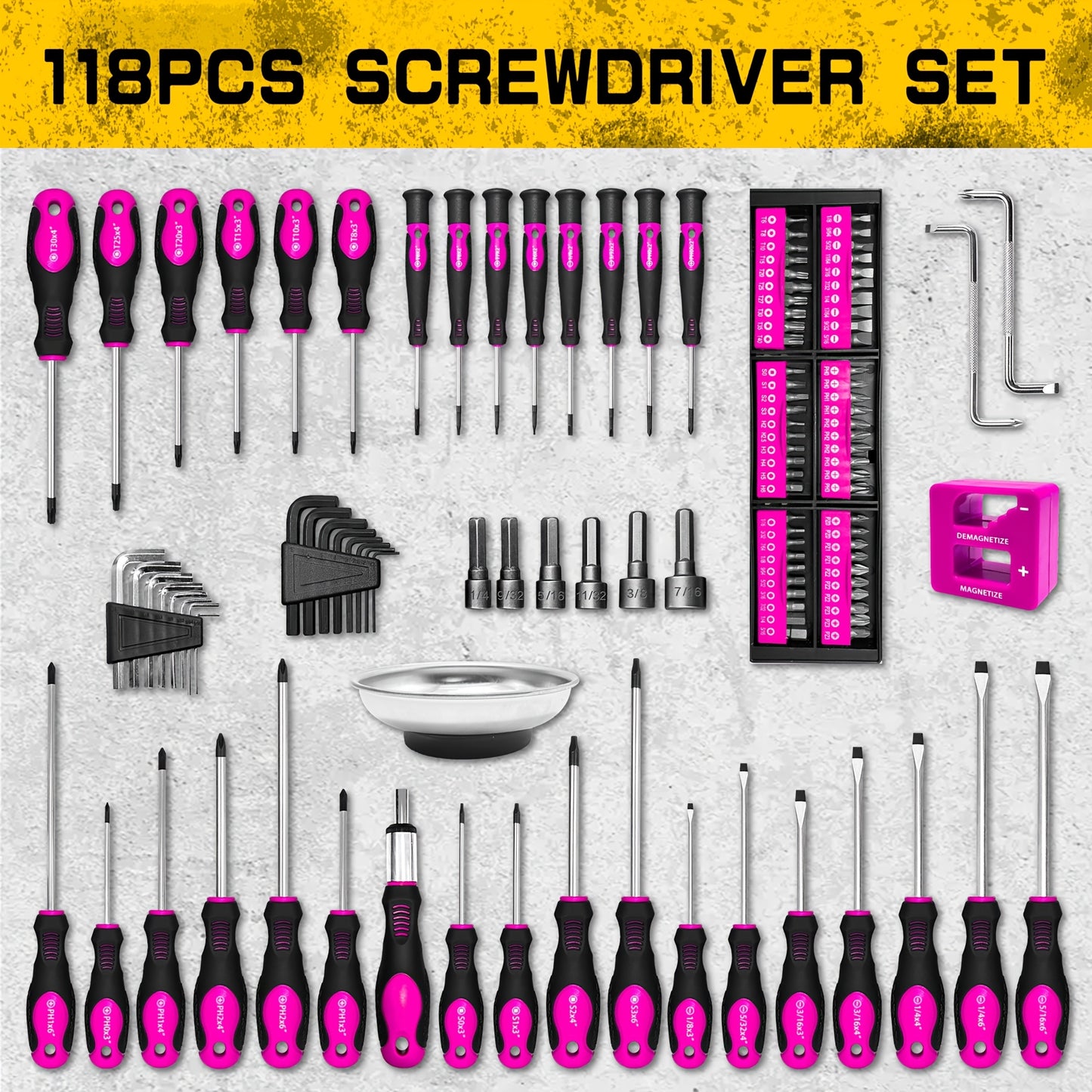 118pcs Magnetic Screwdriver Set with Plastic Rack And Magnetic Tool Bowl, Chrome Vanadium Steel.