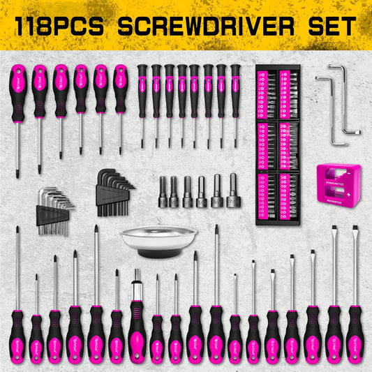 118pcs Magnetic Screwdriver Set with Plastic Rack And Magnetic Tool Bowl, Chrome Vanadium Steel.