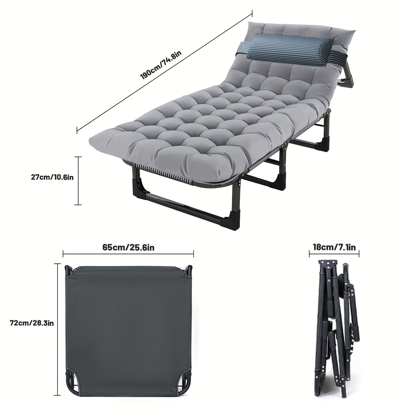 1pc Adjustable Lounge Chair / Camping Cot with Plush Mattress, 74.8" x 25.6"