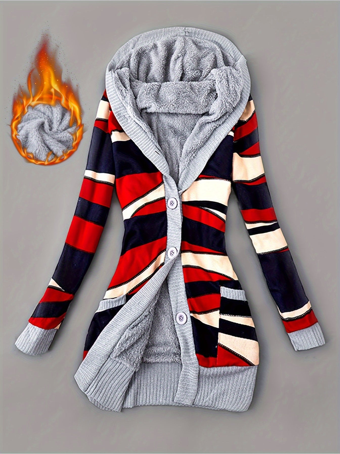 Women'S Geometric Print Knit Long Sleeve Padded Jacket, Mid-length Hooded With Pockets Fleece Lined Cardigan