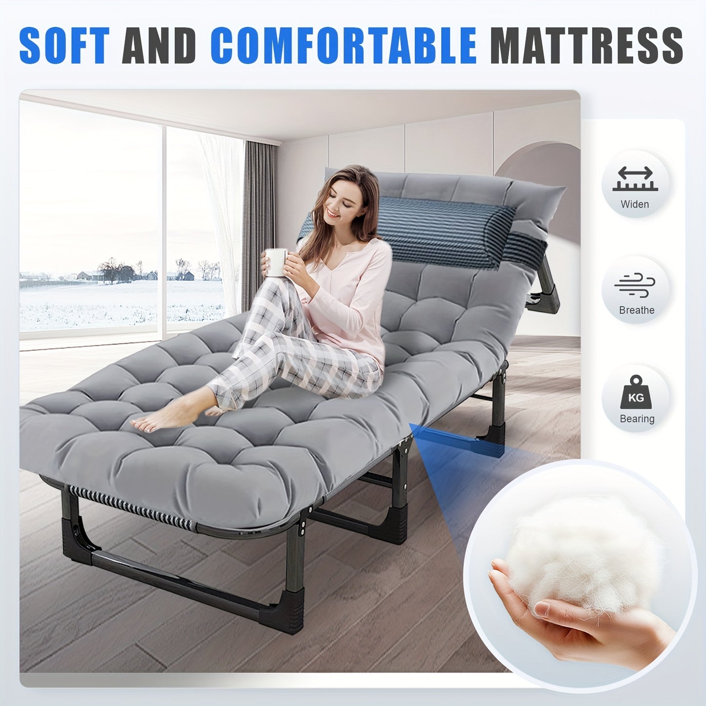 1pc Adjustable Lounge Chair / Camping Cot with Plush Mattress, 74.8" x 25.6"