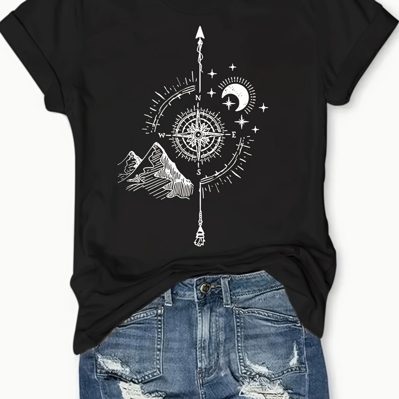 Short Sleeve Compass Print Crew Neck T-shirt, Casual Women's Clothing