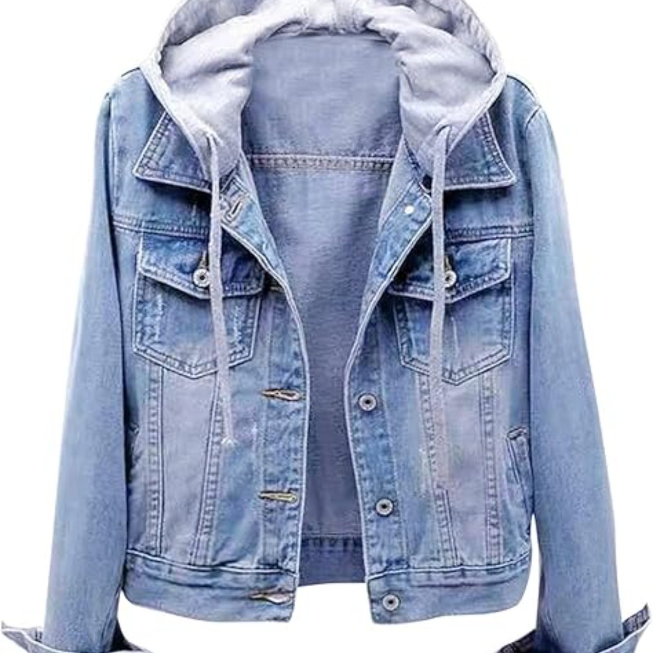 Women's Casual Denim Jacket with Detachable Hood - Button-Down, Fleece Lined, Cotton Blend, Machine Washable -