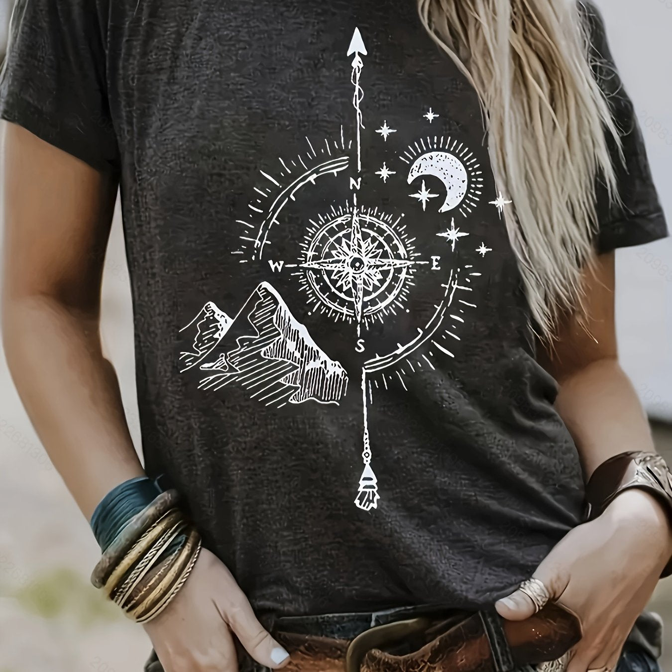 Short Sleeve Compass Print Crew Neck T-shirt, Casual Women's Clothing