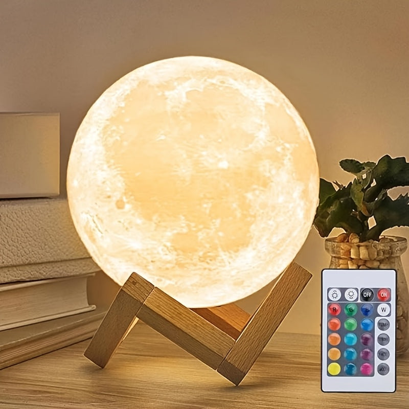 Moonlight Magic Lamp - 3D Printed White Ball Moon Lamp with Wooden Frame Base, 16 Colors LED Night Light, USB Plug-in, Remote Control, and Bracket.