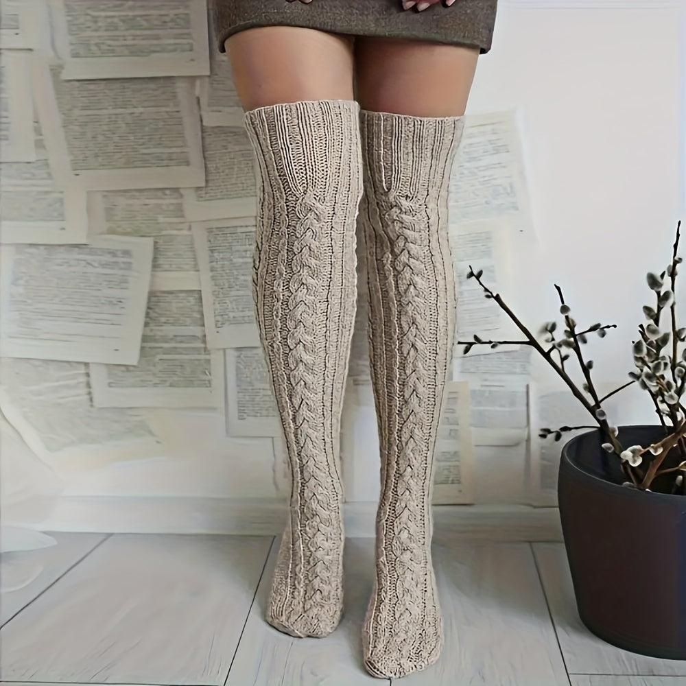 Women's Extra Long Cable Knitted Over Knee Boot Socks, High Elastic Winter Leg Warmers, 1