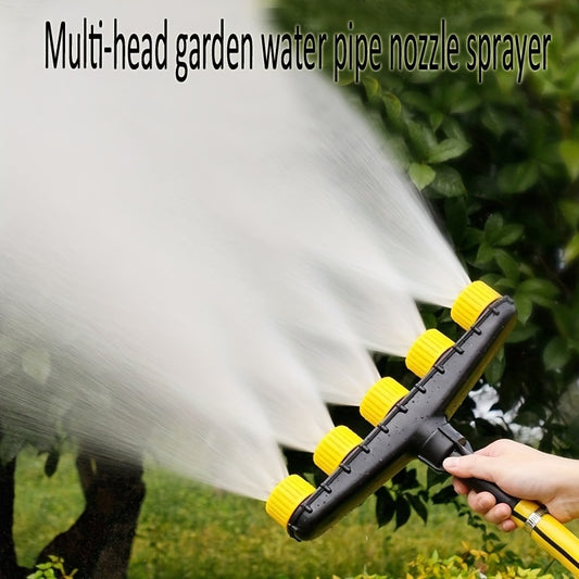 Multi-Head Garden Hose Nozzle Sprayer with Adjustable Spray Patterns, Durable Black & Yellow Plastic.