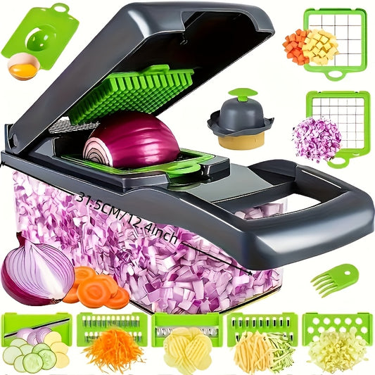16pcs Kitchen Companion -Multifunctional Vegetable Chopper, Fruit Slicer, Manual Food Grater, Onion Mincer, Potato Shredder, Slicer with Container,