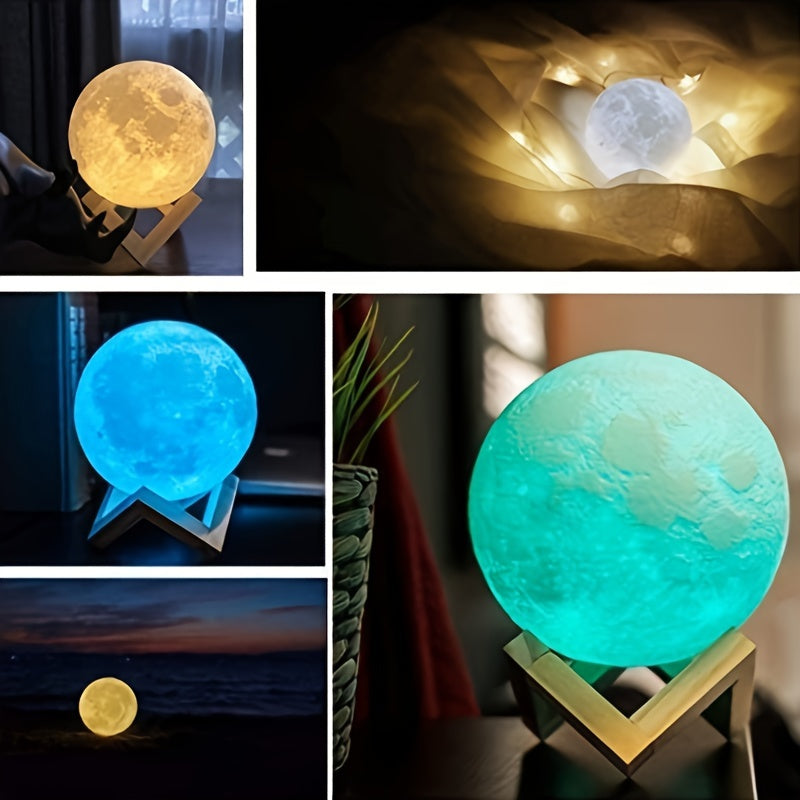 Moonlight Magic Lamp - 3D Printed White Ball Moon Lamp with Wooden Frame Base, 16 Colors LED Night Light, USB Plug-in, Remote Control, and Bracket.