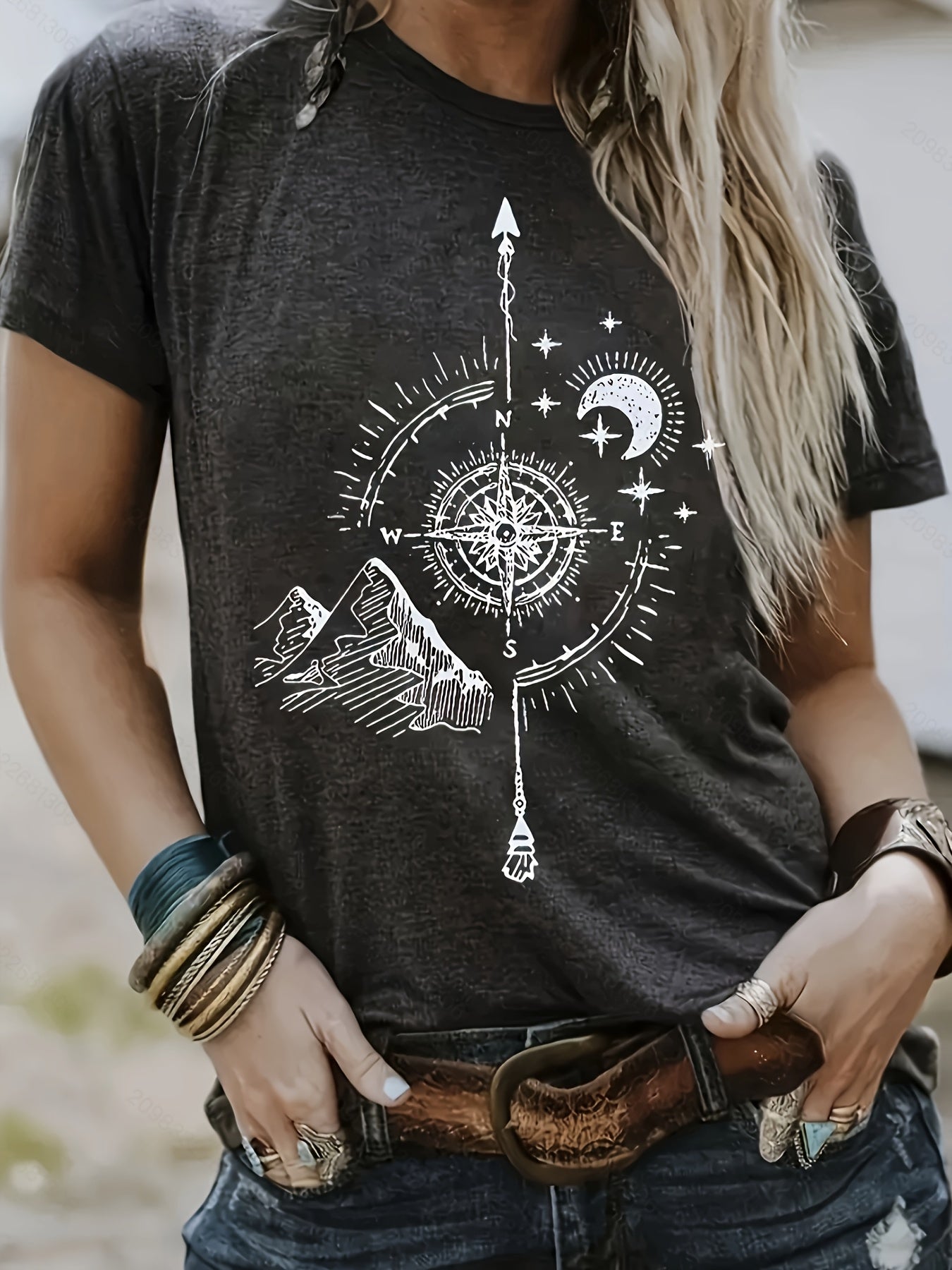 Short Sleeve Compass Print Crew Neck T-shirt, Casual Women's Clothing