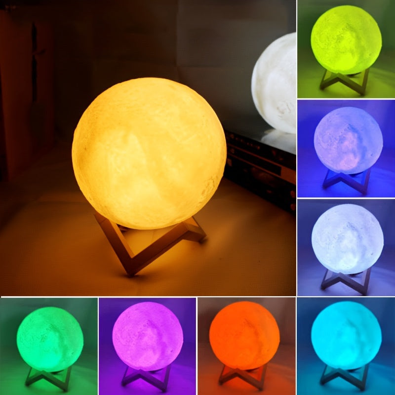 Moonlight Magic Lamp - 3D Printed White Ball Moon Lamp with Wooden Frame Base, 16 Colors LED Night Light, USB Plug-in, Remote Control, and Bracket.