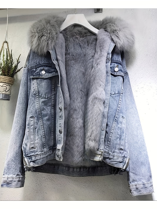 Womens Thickened Warm Jean Jackets, Faux Fur Collar Coat Denim Winter Jacket