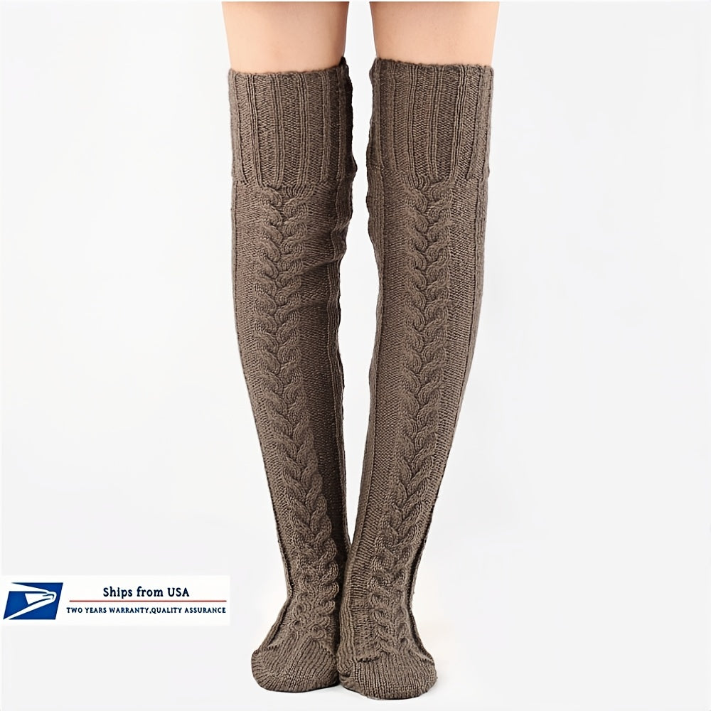 Women's Extra Long Cable Knitted Over Knee Boot Socks, High Elastic Winter Leg Warmers, 1