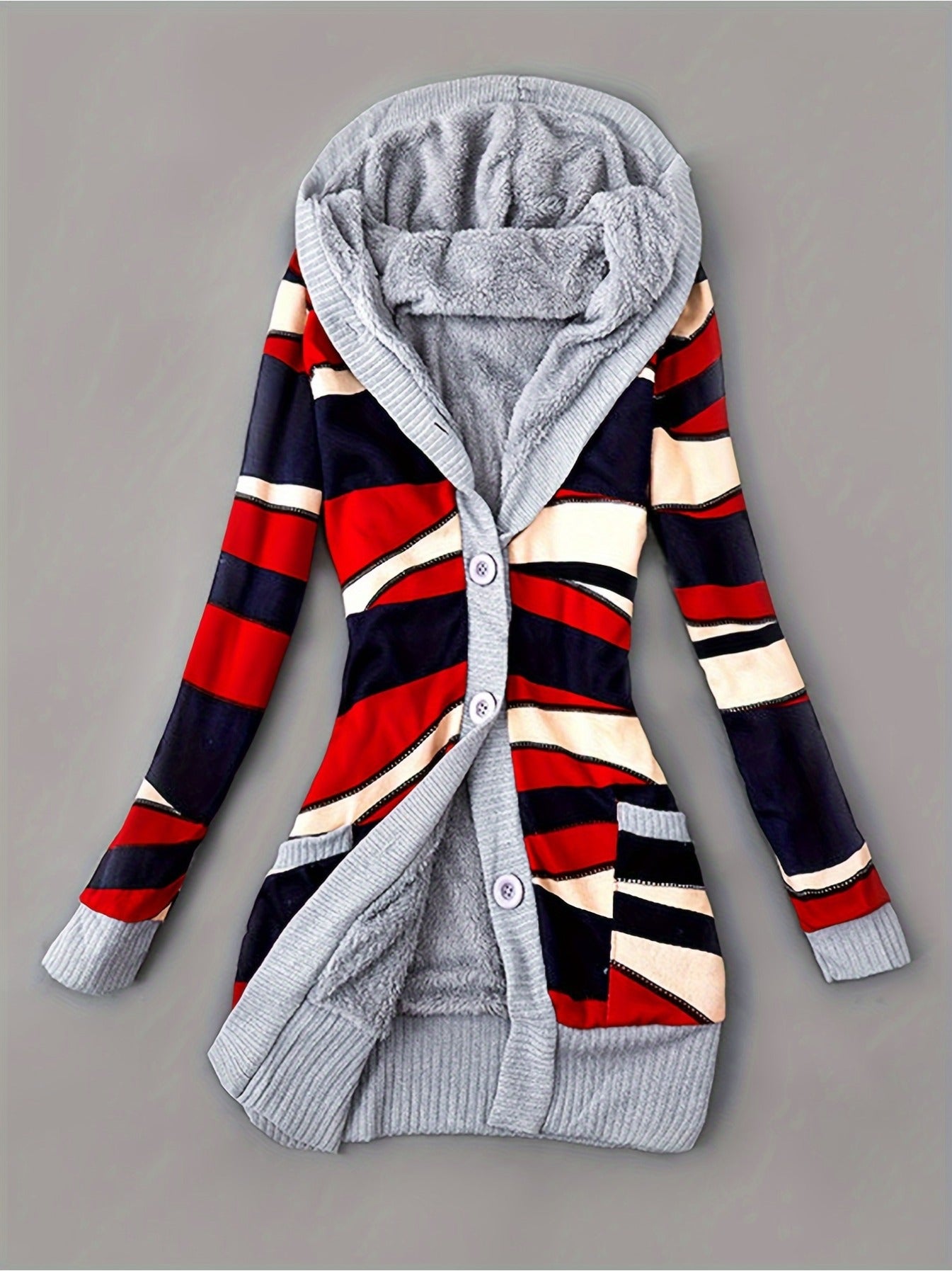 Women'S Geometric Print Knit Long Sleeve Padded Jacket, Mid-length Hooded With Pockets Fleece Lined Cardigan