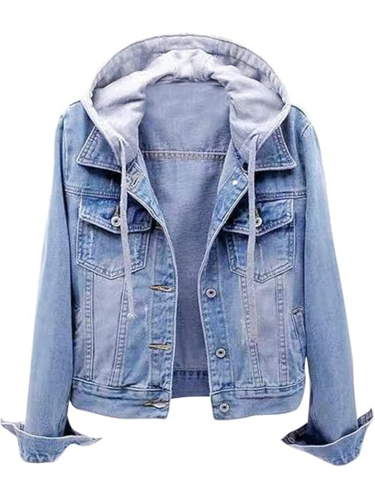 Women's Casual Denim Jacket with Detachable Hood - Button-Down, Fleece Lined, Cotton Blend, Machine Washable -